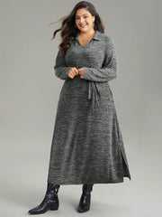 Solid Pocket Elastic Waist Ties Split Hem Dress