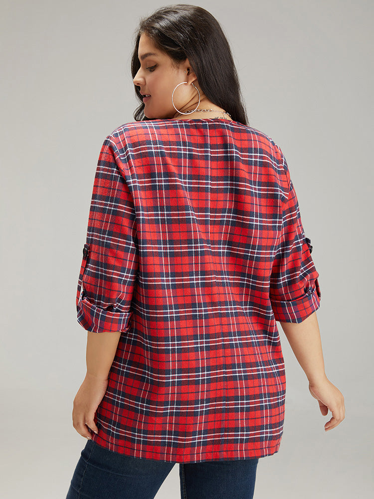 Plaid Asymmetrical Hem Tab Sleeve Jacket