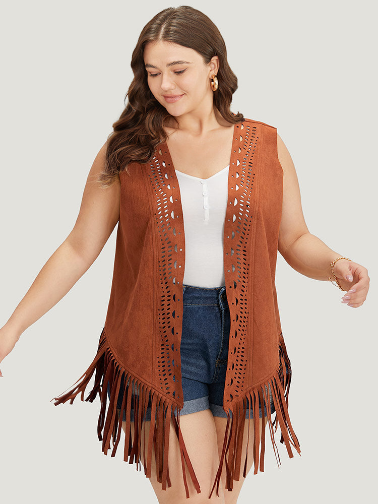 Plain Laser Cut Tassel Trim Sleeveless Kimono