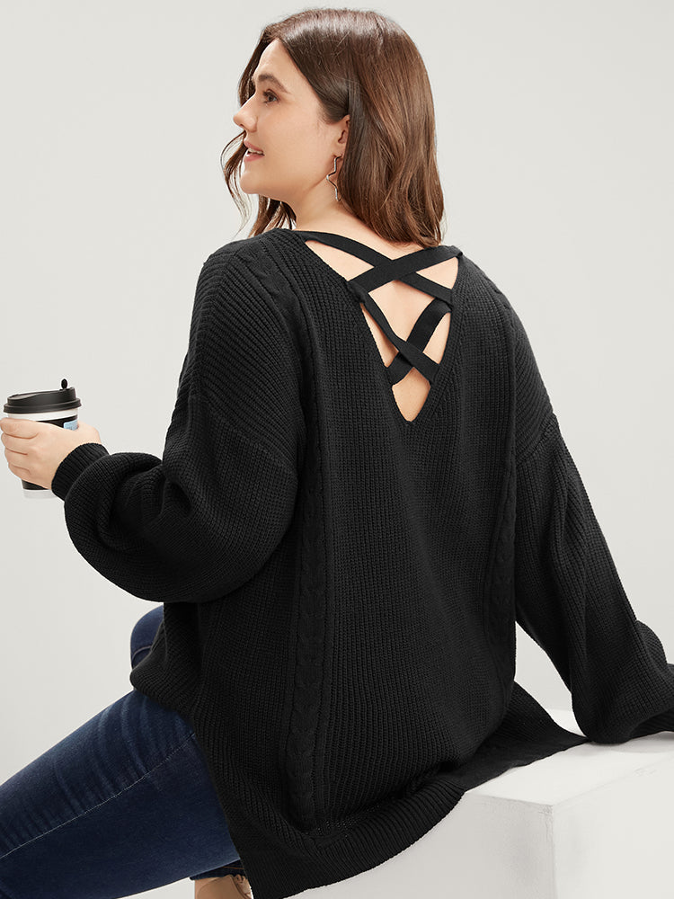 Solid Pointelle Knit Lantern Sleeve Cut Out Split Knit Top