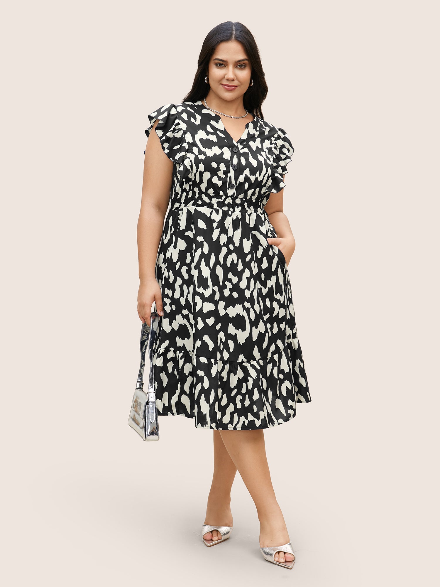 Notched Leopard Print Cap Sleeve Ruffles Dress