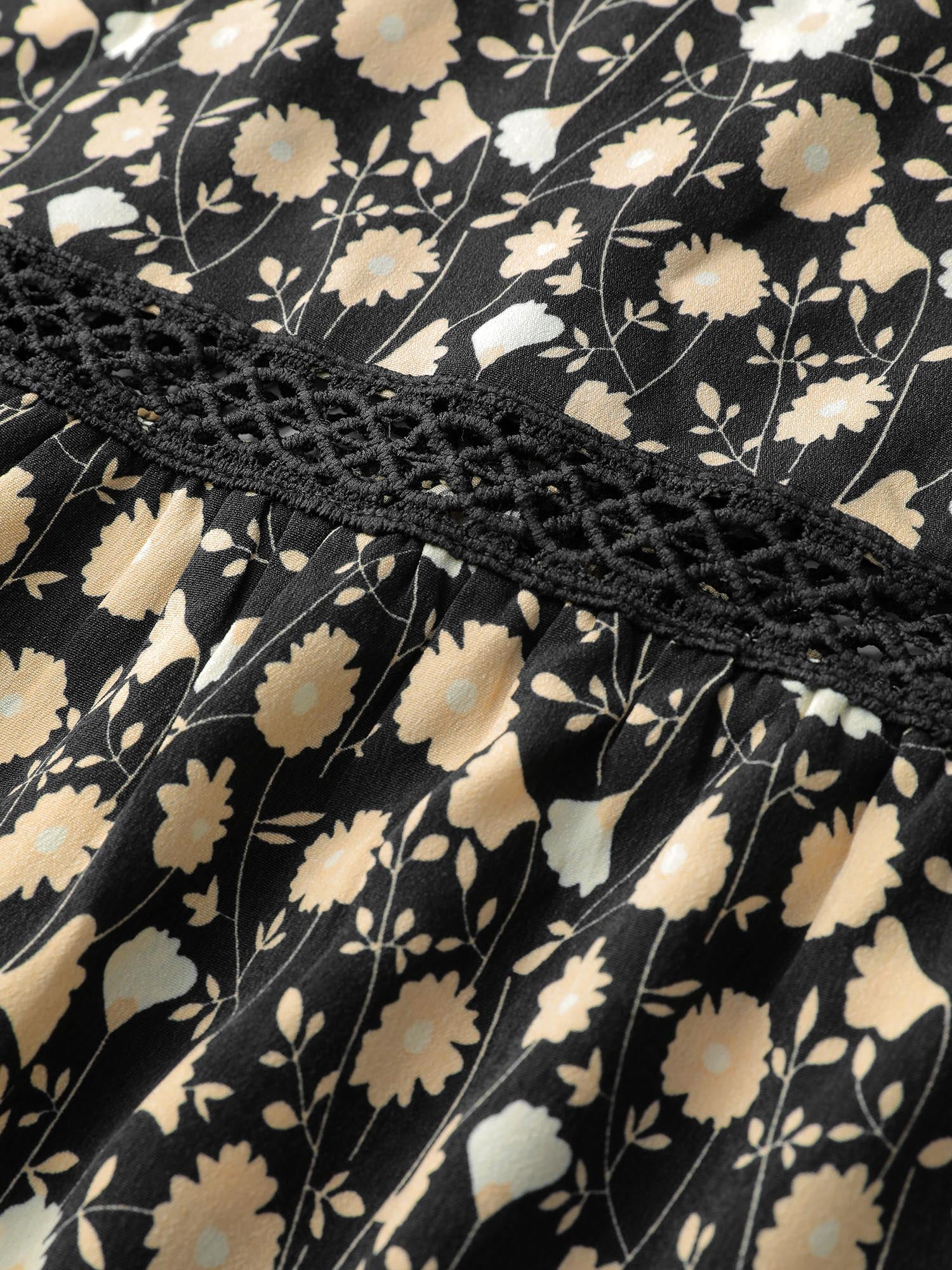 Floral Print Shirred Wide Waistband Tiered Pants