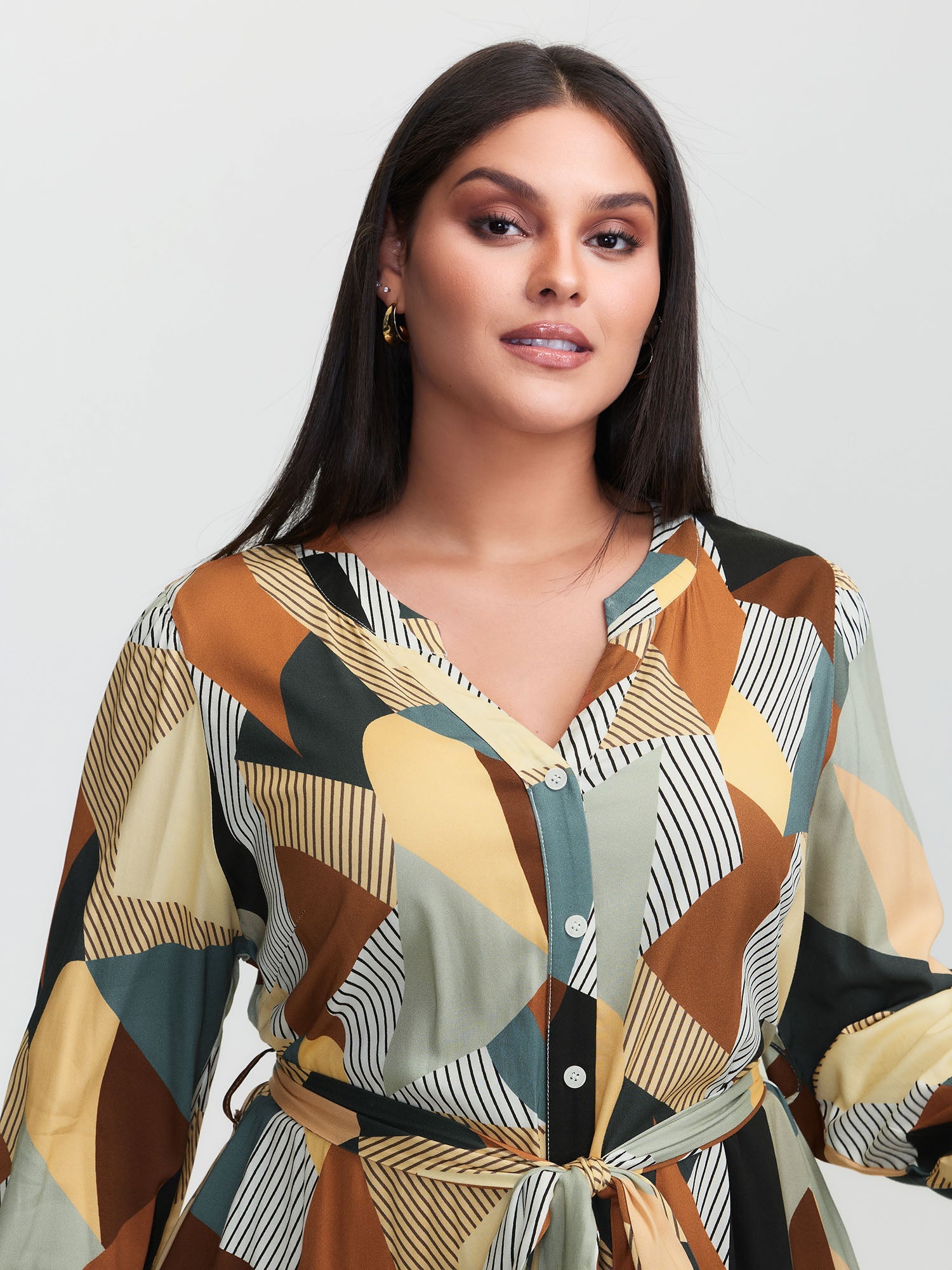 Geometric Print Contrast Tab Sleeve Midi Dress