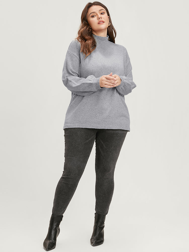 Solid Pointelle Knit Lantern Sleeve Mock Neck Heather Knit Top