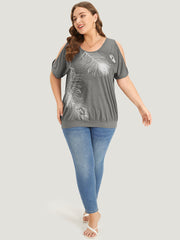 Feather Print Cold Shoulder Crew Neck T-shirt
