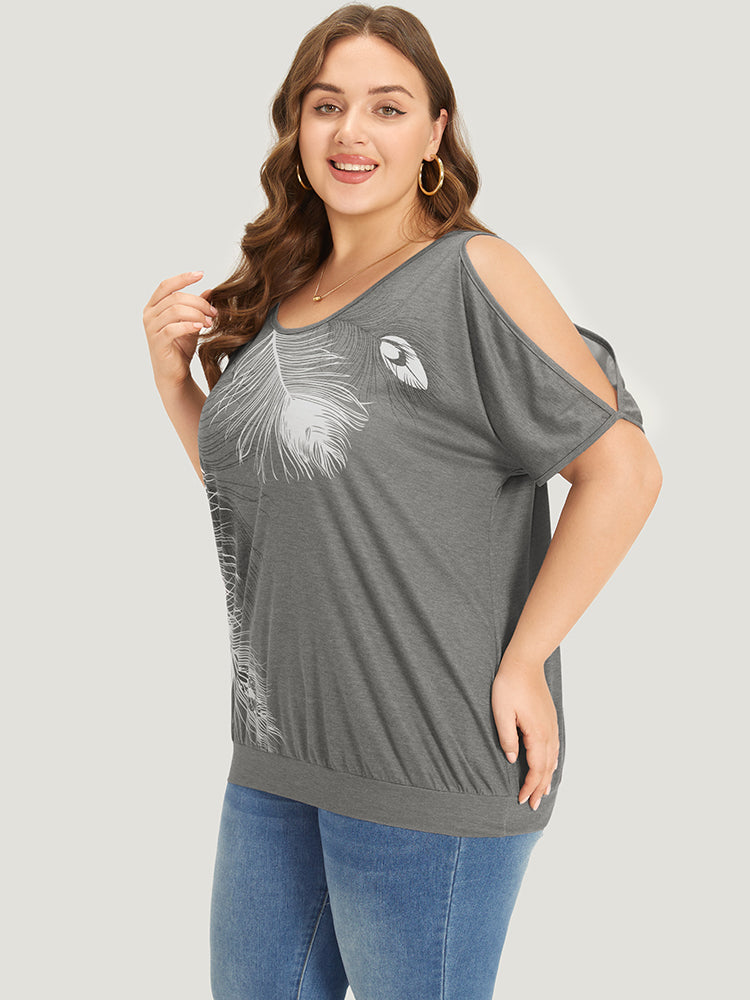 Feather Print Cold Shoulder Crew Neck T-shirt