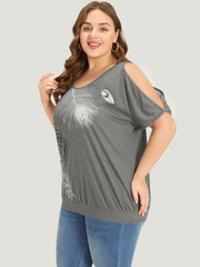 Feather Print Cold Shoulder Crew Neck T-shirt