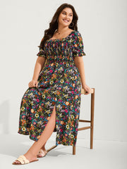 Shirred Stretchy Waist Floral Midi Dress