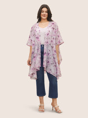 Floral Mesh Split Side Asymmetrical Hem Kimono