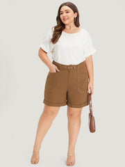 Solid Pocket Belted Roll Hem High Rise Shorts