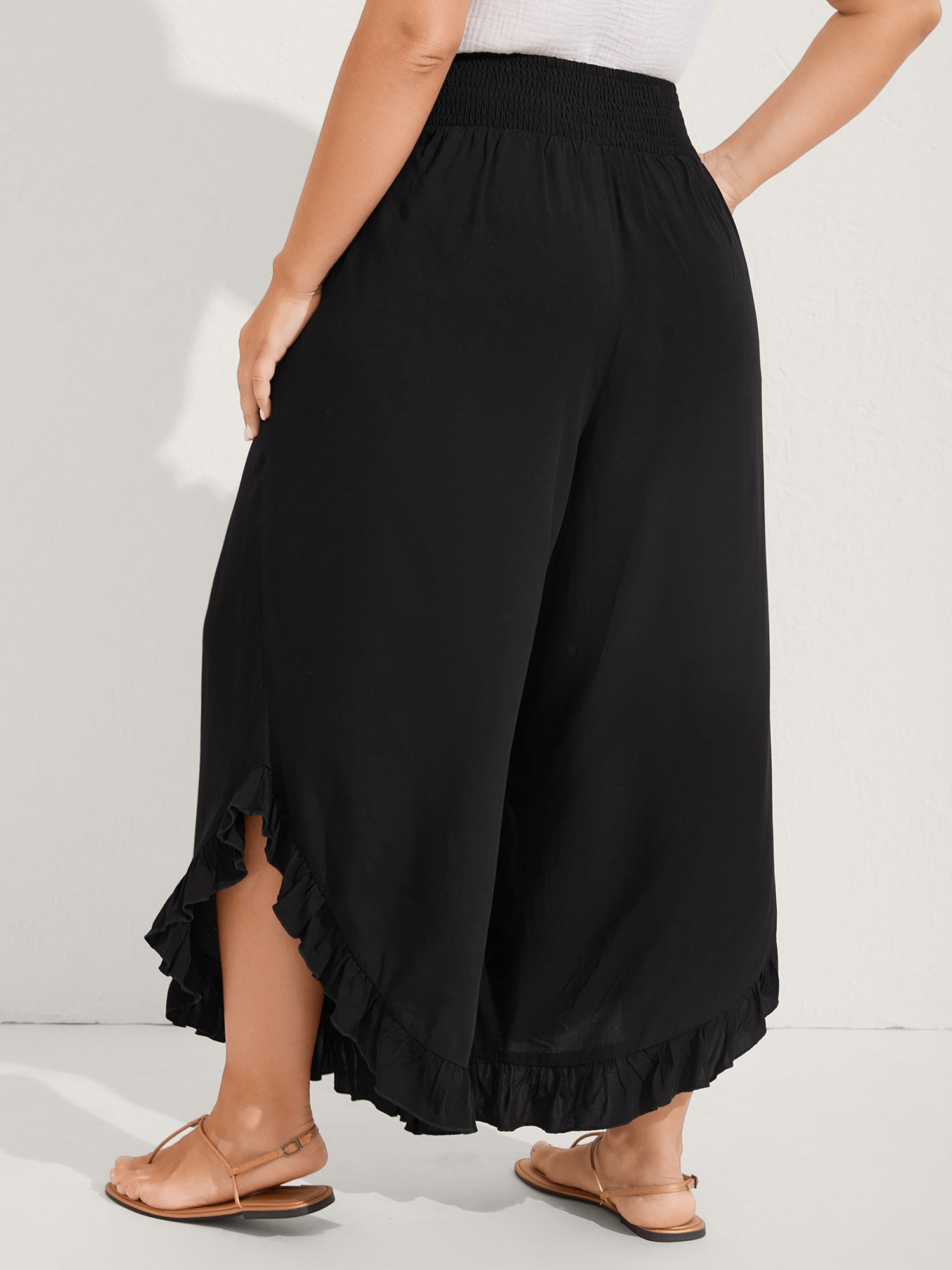 Ruffled Curvy Hem Wide-Leg Pants