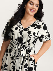 Silhouette Flower Puffy Sleeve Midi Dress