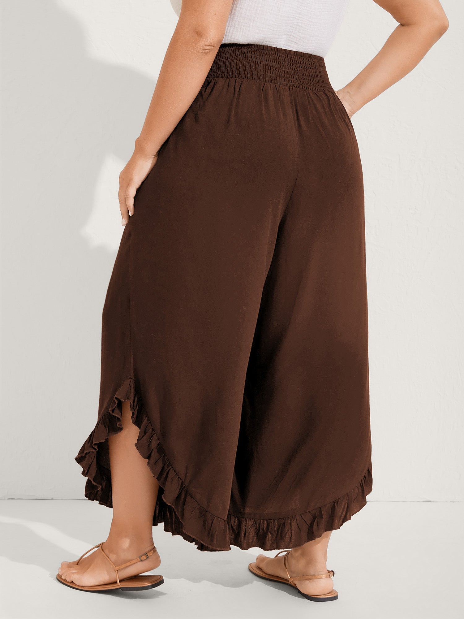 Ruffled Curvy Hem Wide-Leg Pants