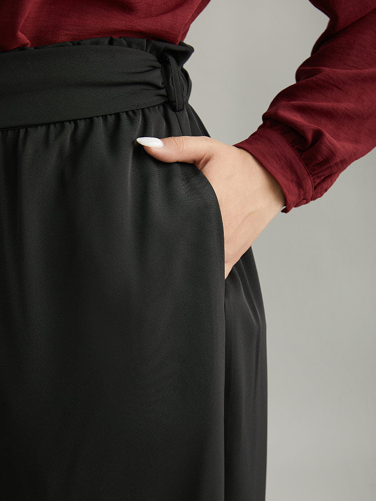 Static-Free Solid Glitter Buckle Detail Belted Pants