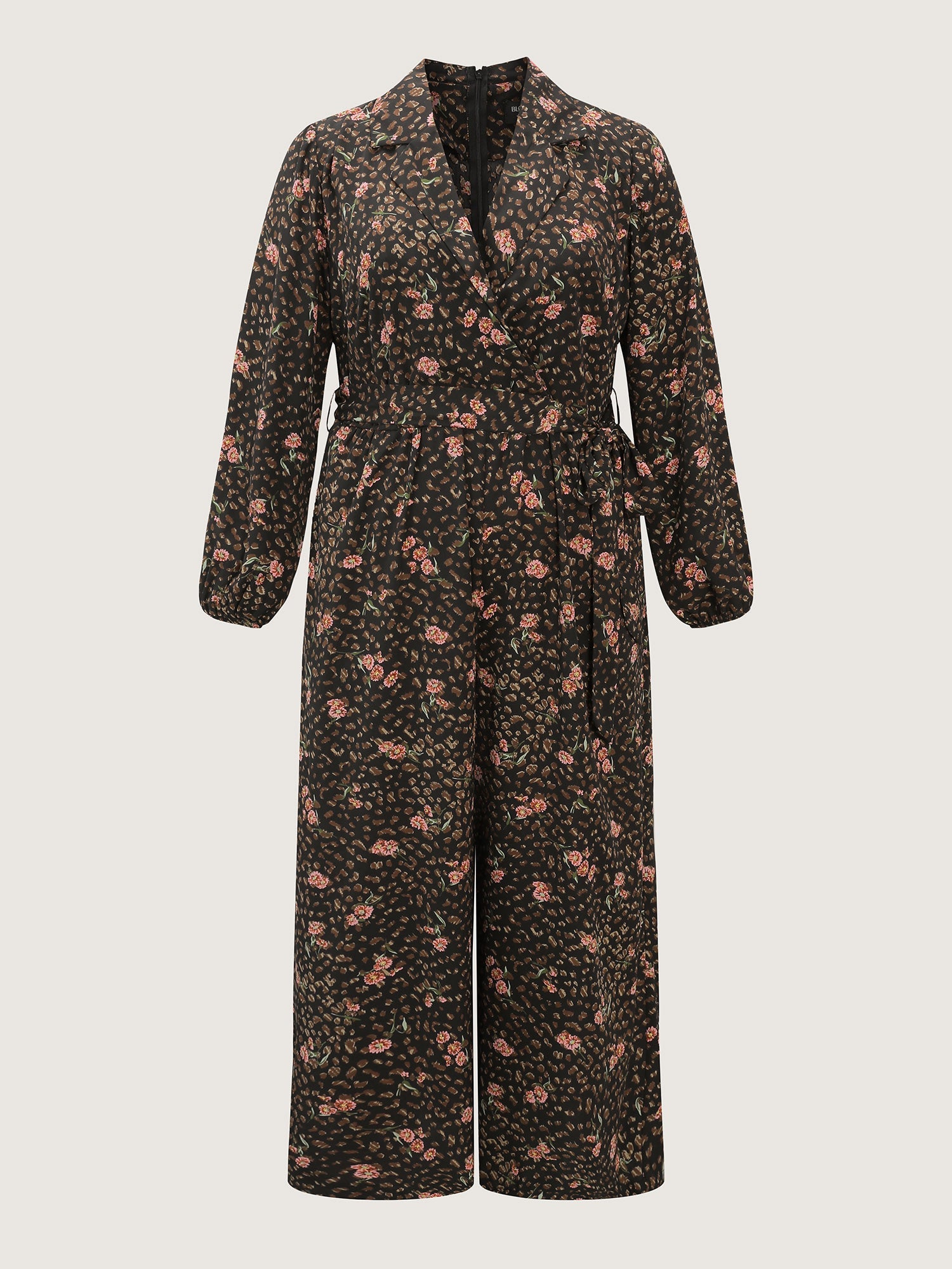 Floral Leopard Print Belted Collar Jumpsuit