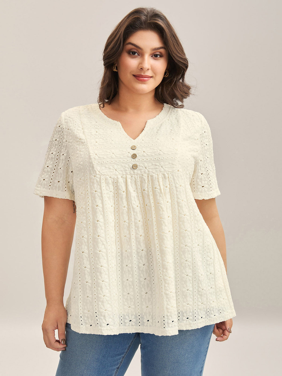 Textured Pleated Split Neck T-Shirt