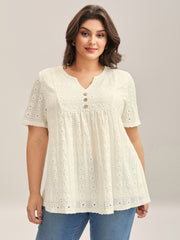 Textured Pleated Split Neck T-Shirt