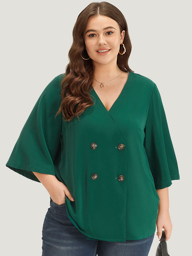 Plain Double Breasted Surplice Neck Flounce Sleeve Blouse