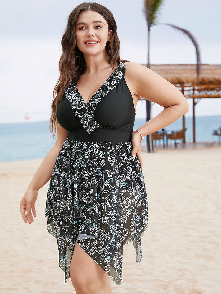 Ruffle Trim Hanky Hem Floral Contrast Swim Dress