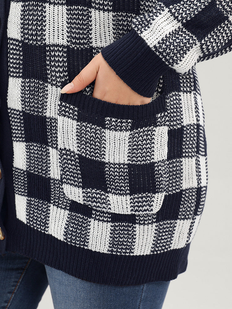 Plaid Pointelle Knit Pocket Button Front Cardigan