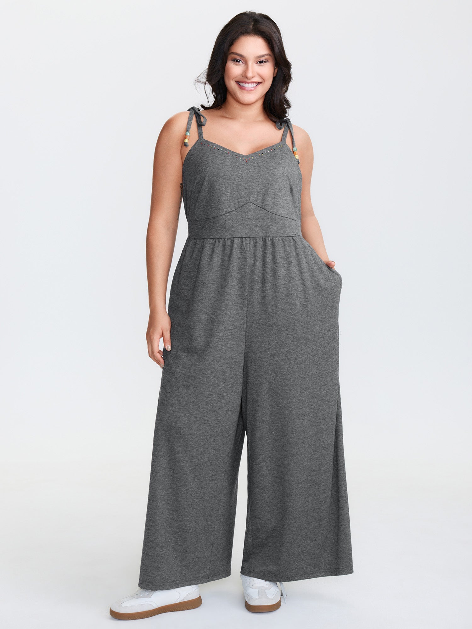 Shoulder-Tie Stretchy Beaded Neckline Jumpsuit