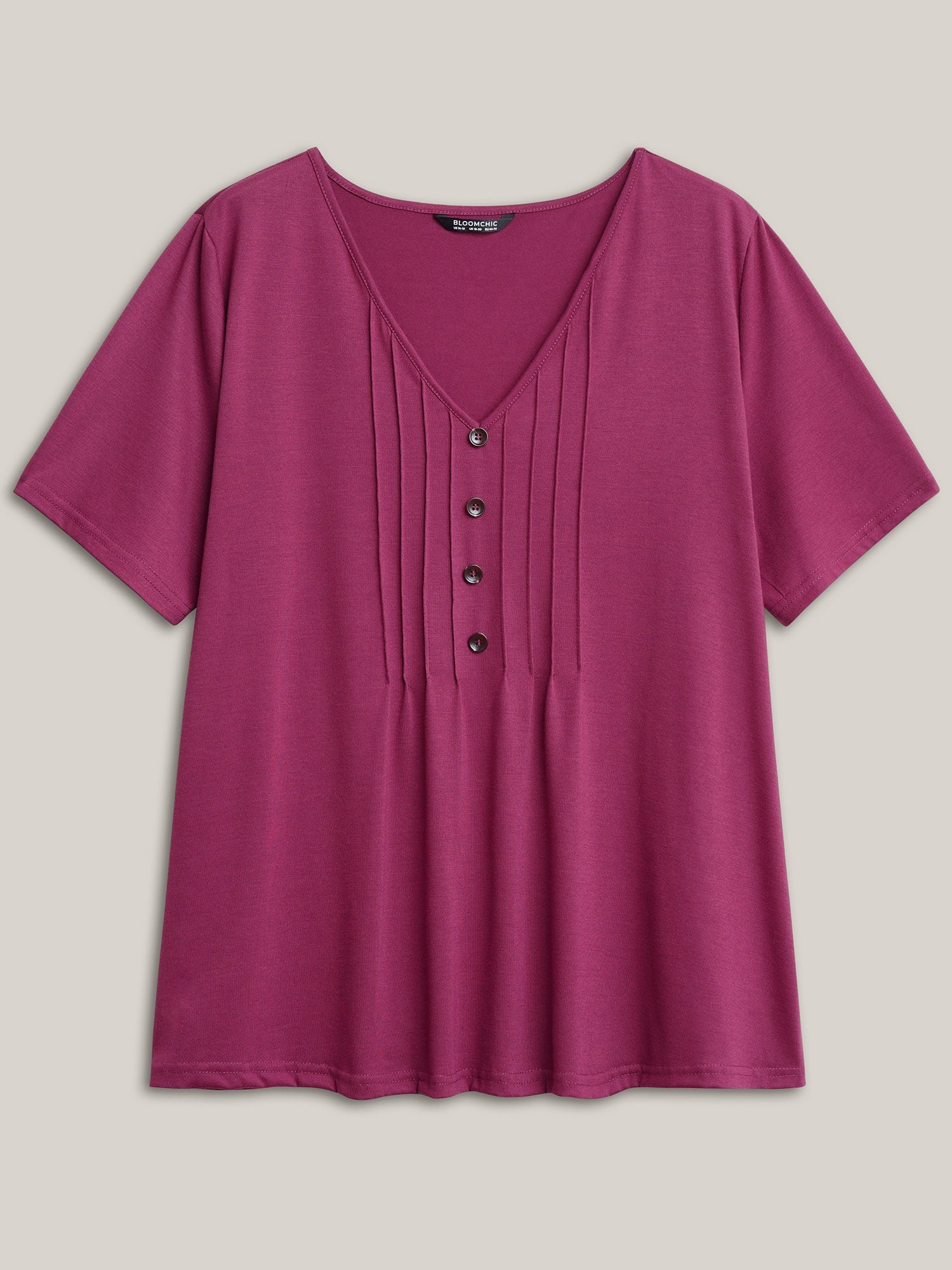 Solid Pleated Front Button Detail V Neck T-shirt
