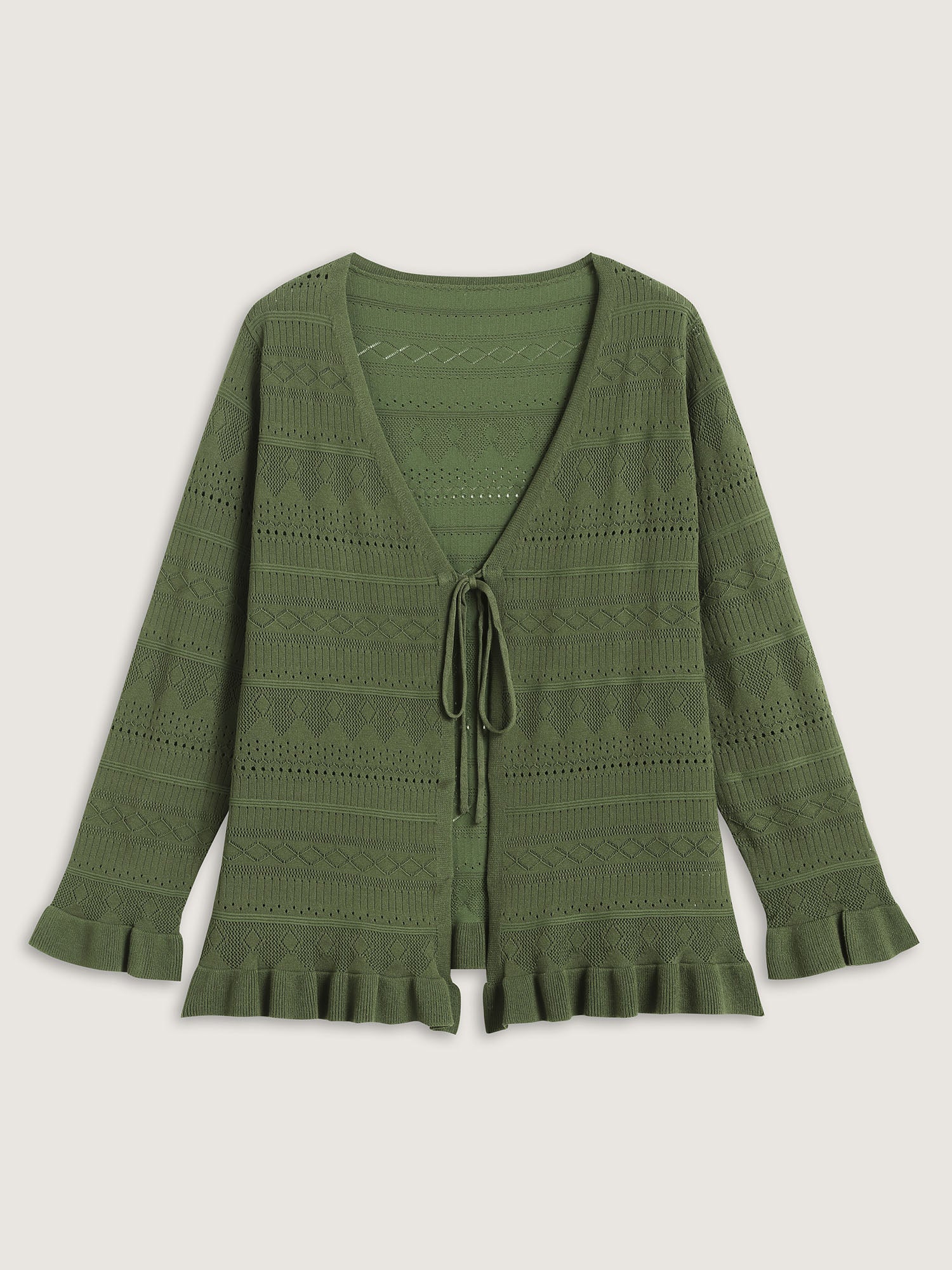 Ruffled Hem Front Tie Textured Lightweight Cardigan
