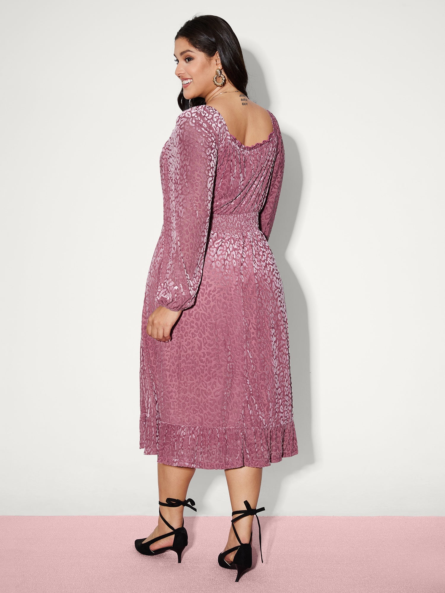 Soft Romance Leopard Print Shirred Waist Midi Dress