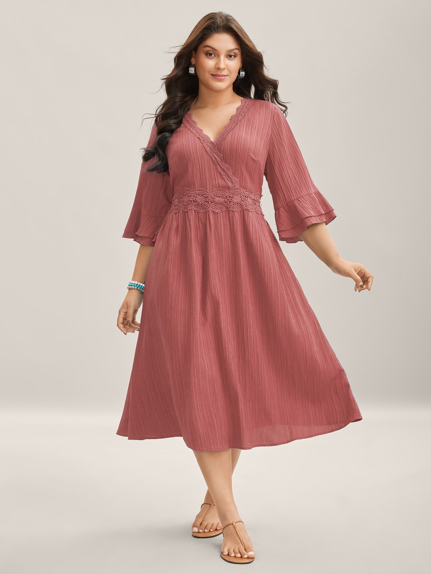 Scalloped Lace Surplice Ruffled Midi Dress