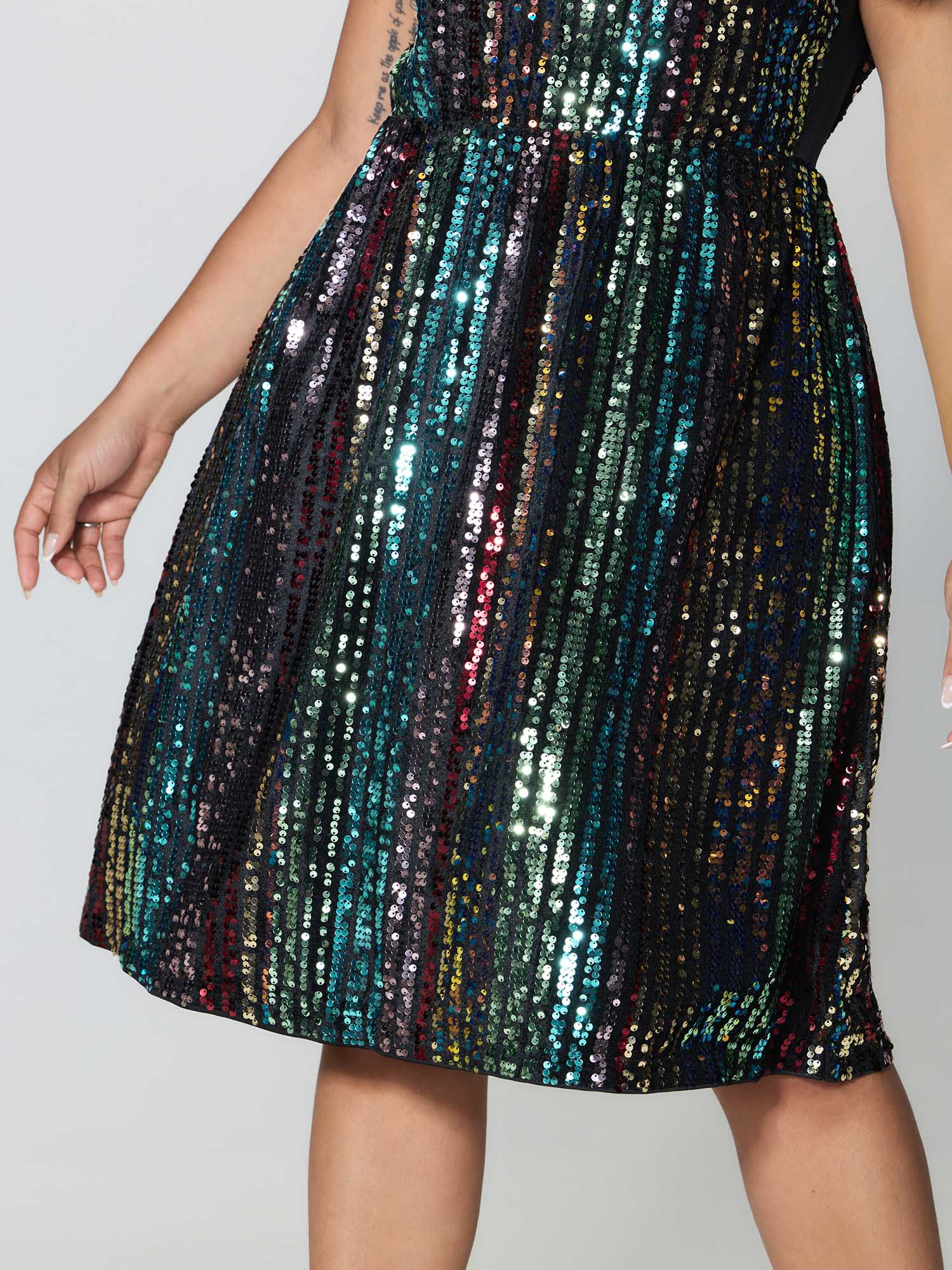 Shimmery Sequin Stripe Cinched-Waist Midi Dress