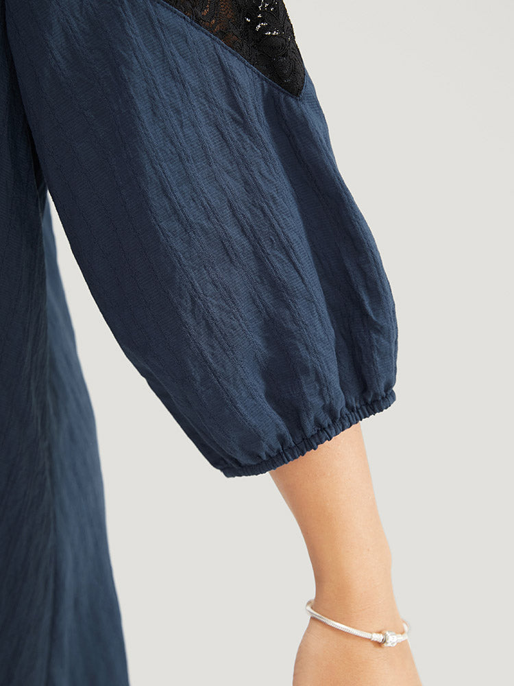 Plain Contrast Lace Asymmetrical Lantern Sleeve Blouse