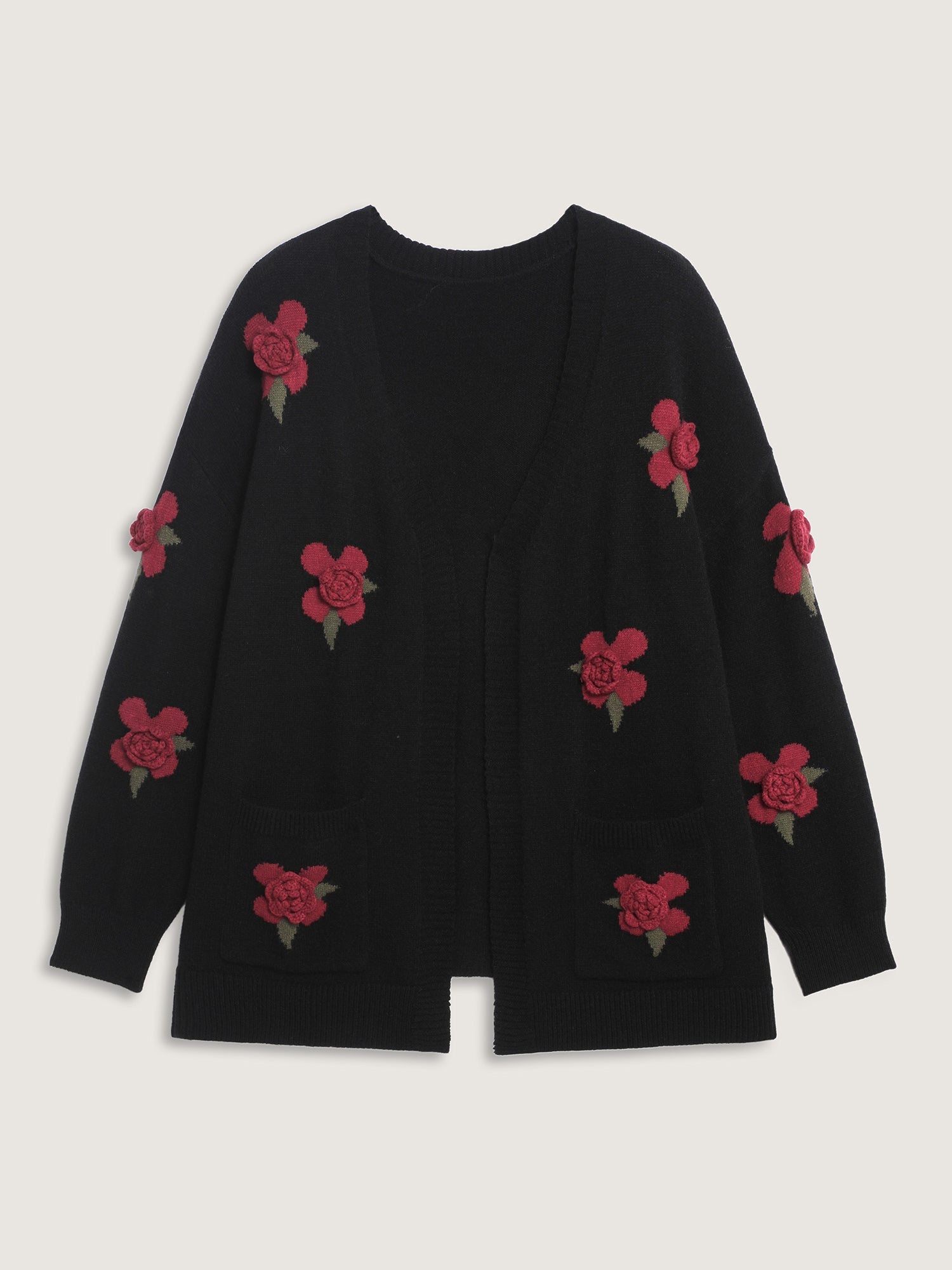 3D Floral Pattern Pockets Knit Cardigan