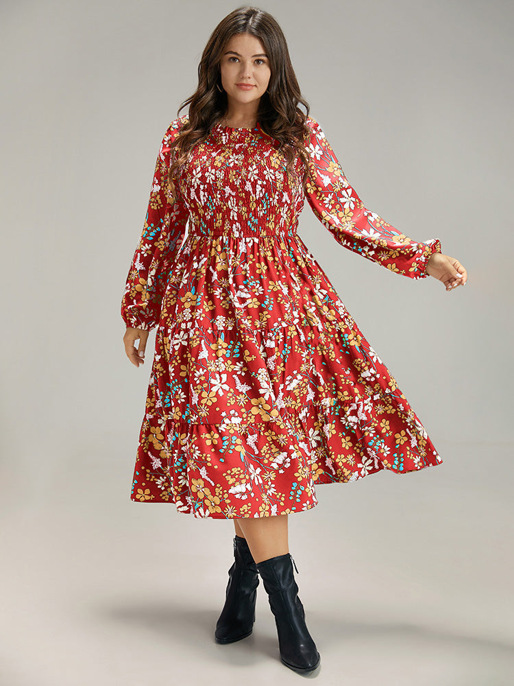 Floral Print Keyhole Shirred Dress