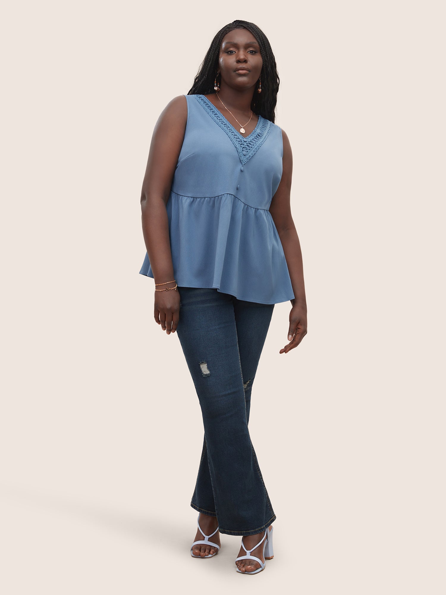 Solid Lace Patchwork Gathered Tank Top