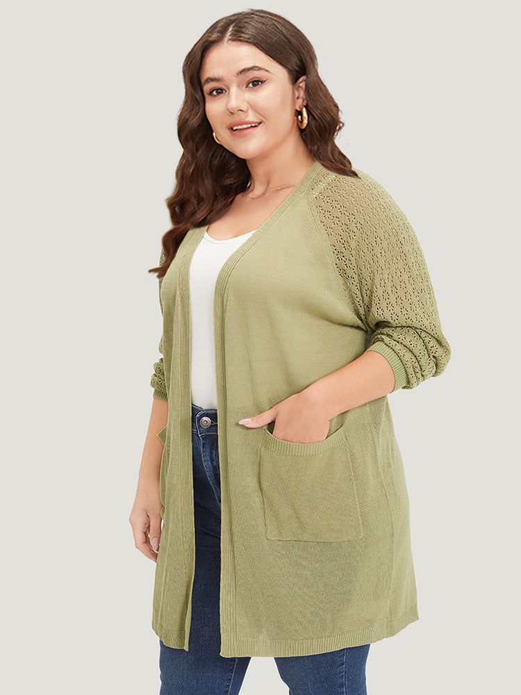 Solid Patched Pocket Geometric Eyelet Raglan Sleeve Cardigan