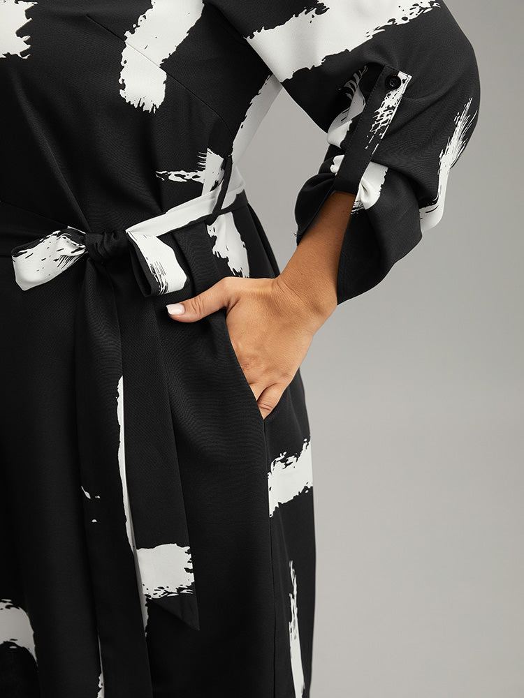 Brush Print V Neck Belted Tab Sleeve Dress