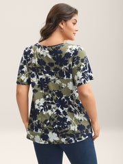 Silhouette Flower Button Placket Jersey Top