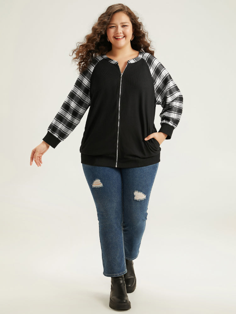 Plaid Patchwork Pocket Zipper Fly Jacket