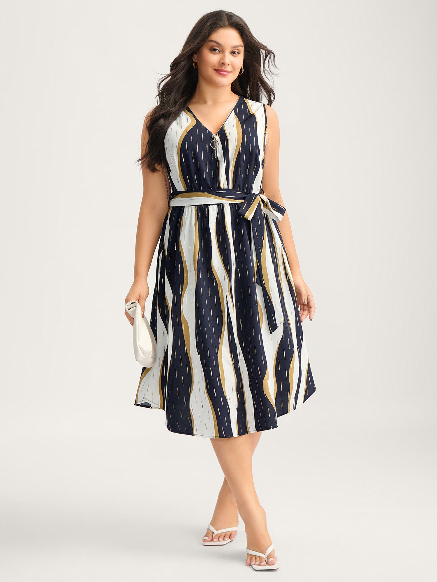 Gold Stamp Wavy Striped Lined Midi Dress