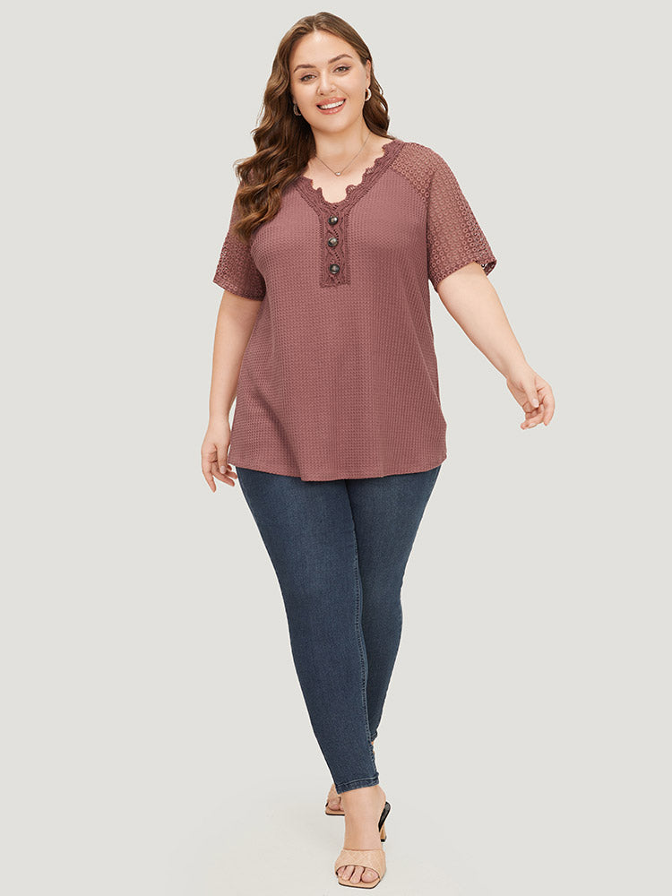 Plain Contrast Lace Raglan Sleeve Button Detail T-shirt