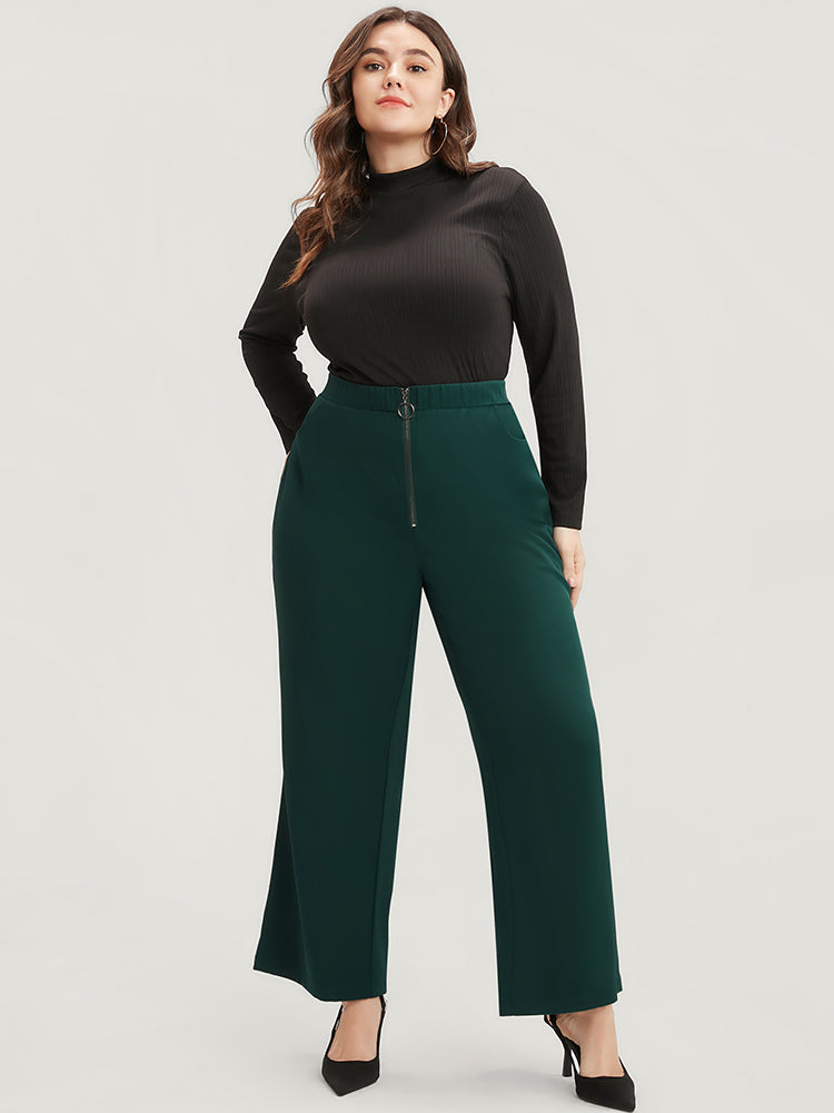 Solid O Ring Zipper Pocket Elastic Waist Wide Leg Pants