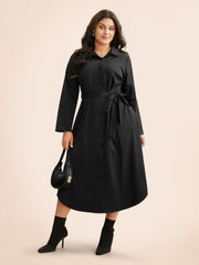 Shirt Collar Curved Hem Midi Dress