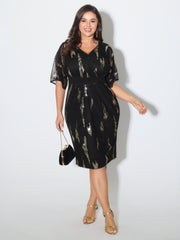 Sequin Embroidery Pleated Waist Midi Dress