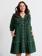 Ruffled Neck Tiered Button Knee-Length Dress