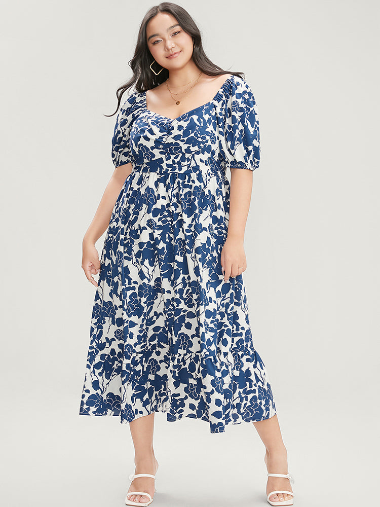 Floral Print Pocket Puff Sleeve Ruched Pocket Ruffle Hem Dress