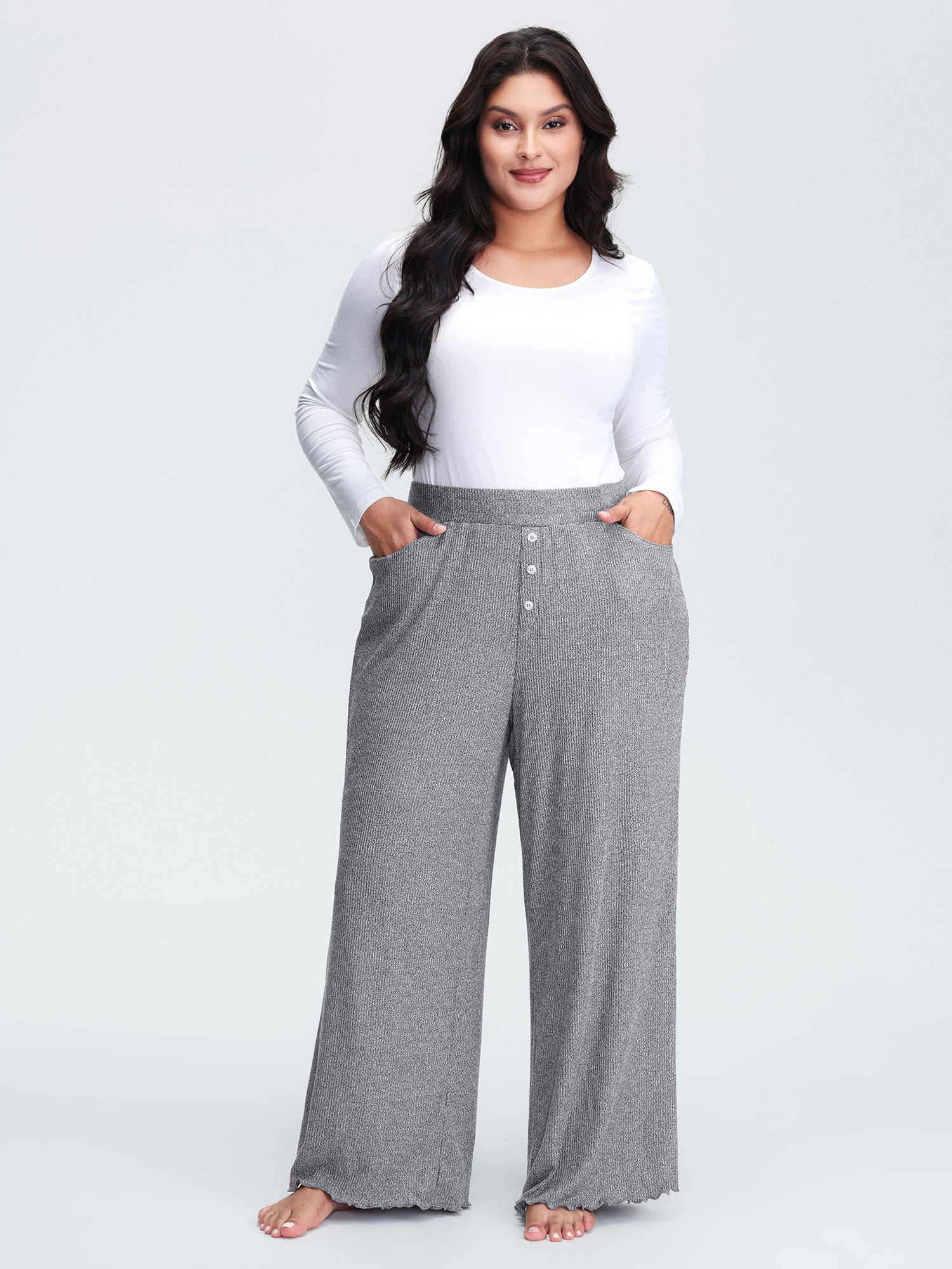 Button Detail Mixed Color Knit Lounge Bottoms