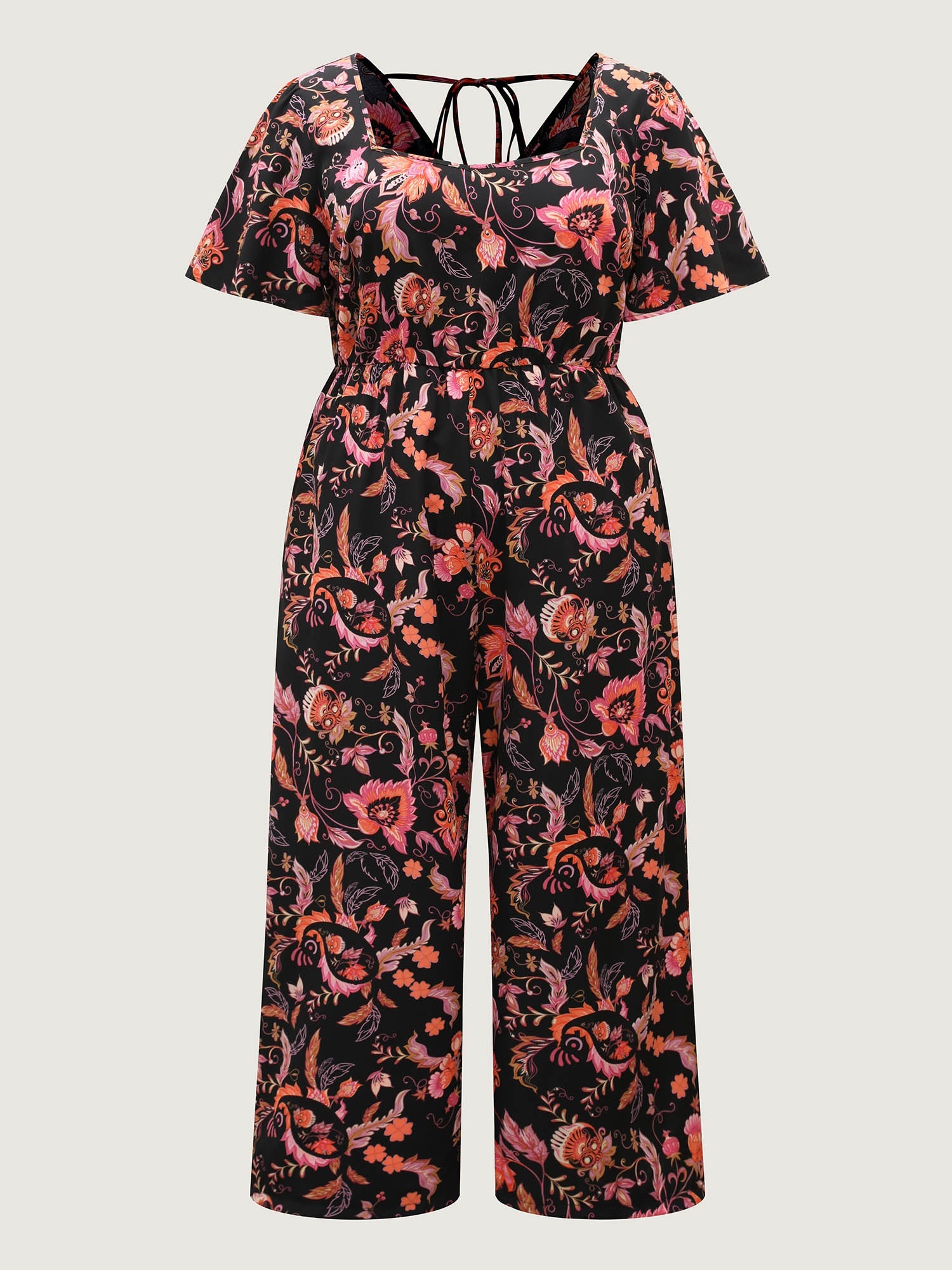 Floral Print Square Neck Pockets Jumpsuit