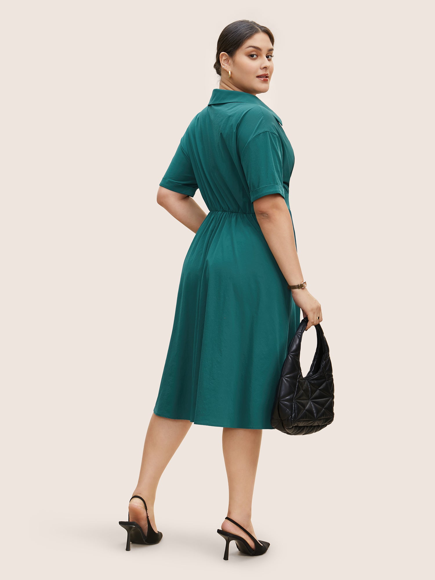 Shirt Collar Pleated Button Detail Gathered Midi Dress