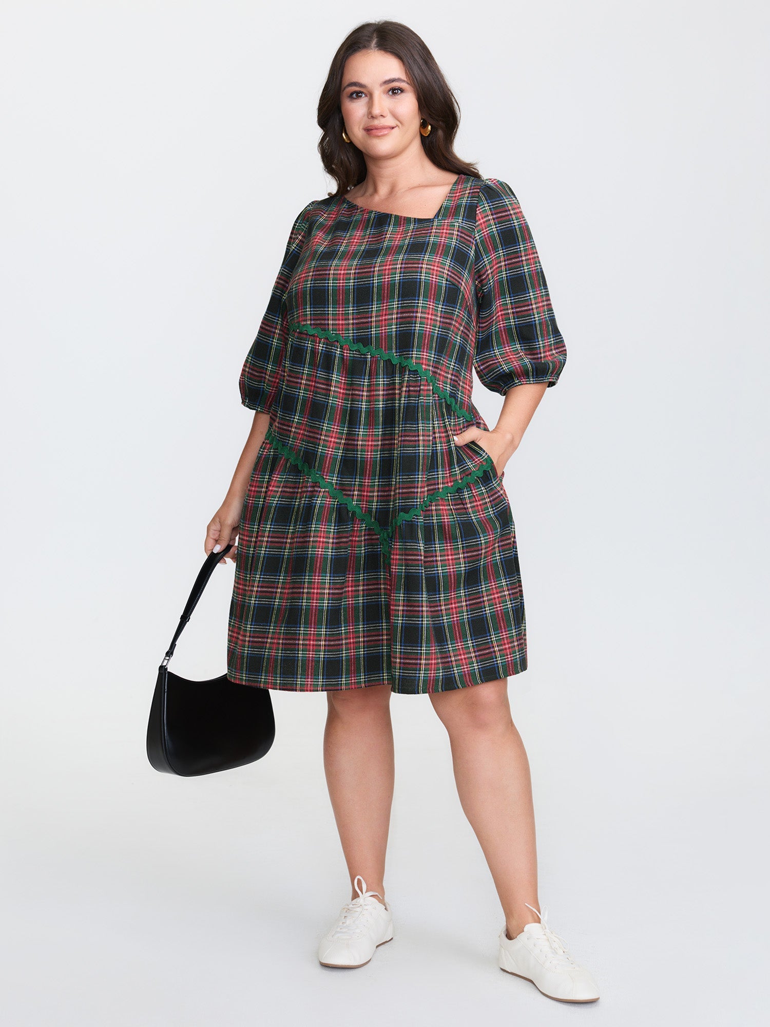 Festive Plaid Wavy Trim Midi Dress