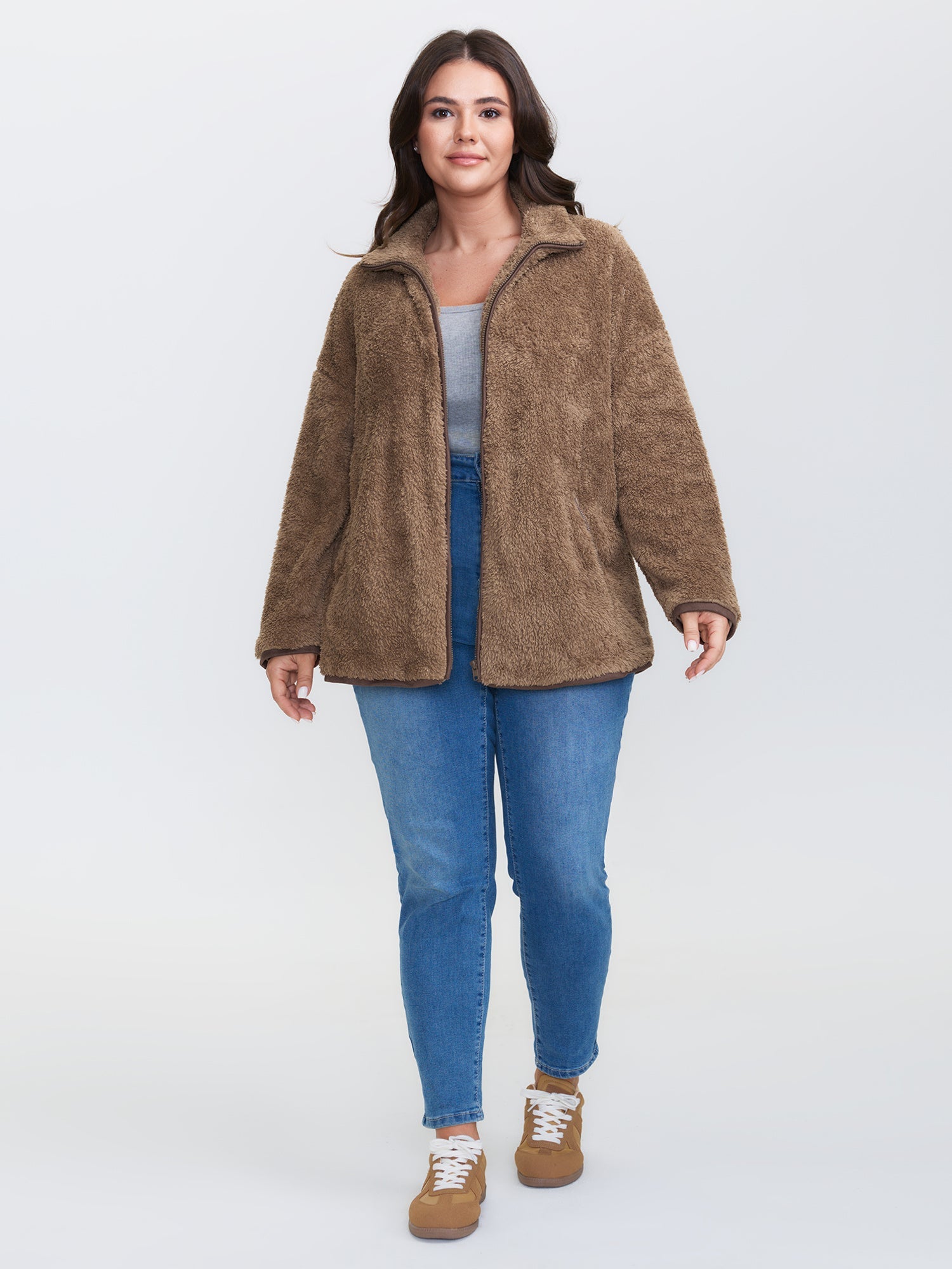 Furry Textured Color Contrast Pockets Jacket